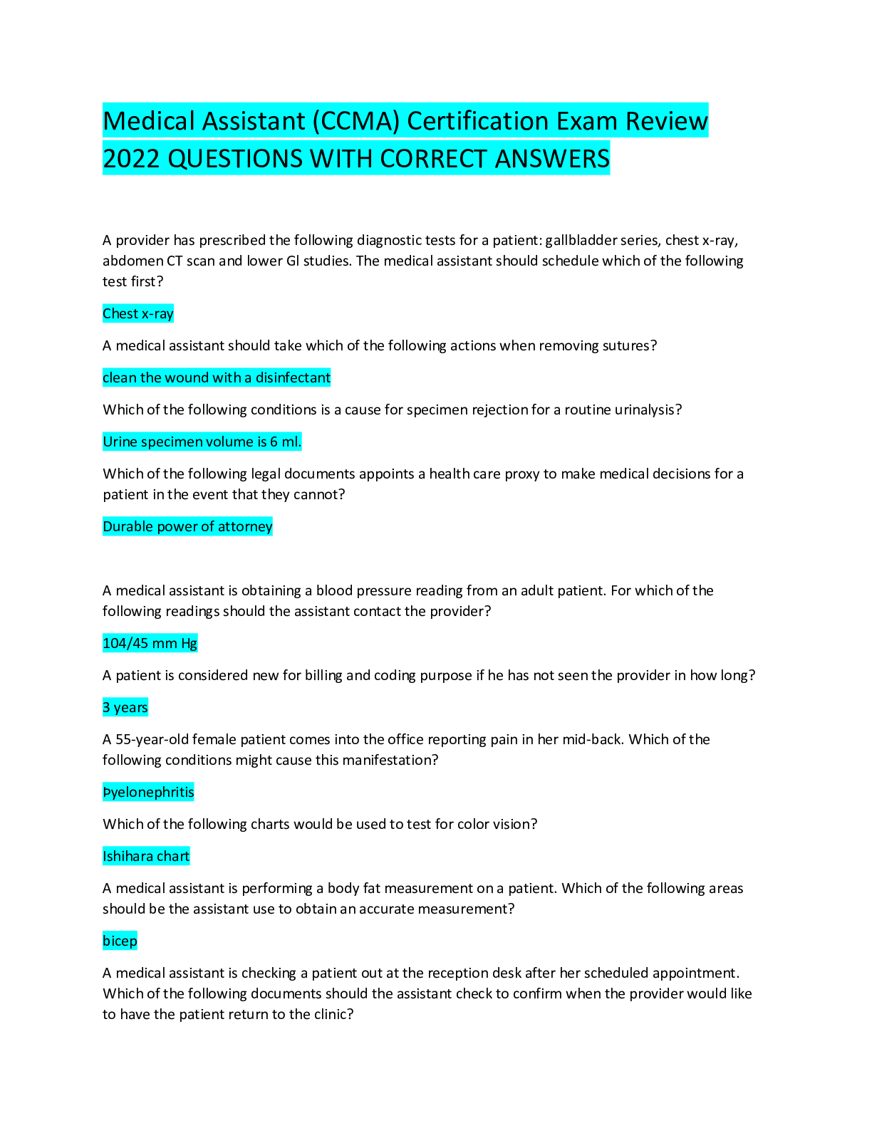 NHA Medical Assistant(CCMA) Certification Questions And Answers